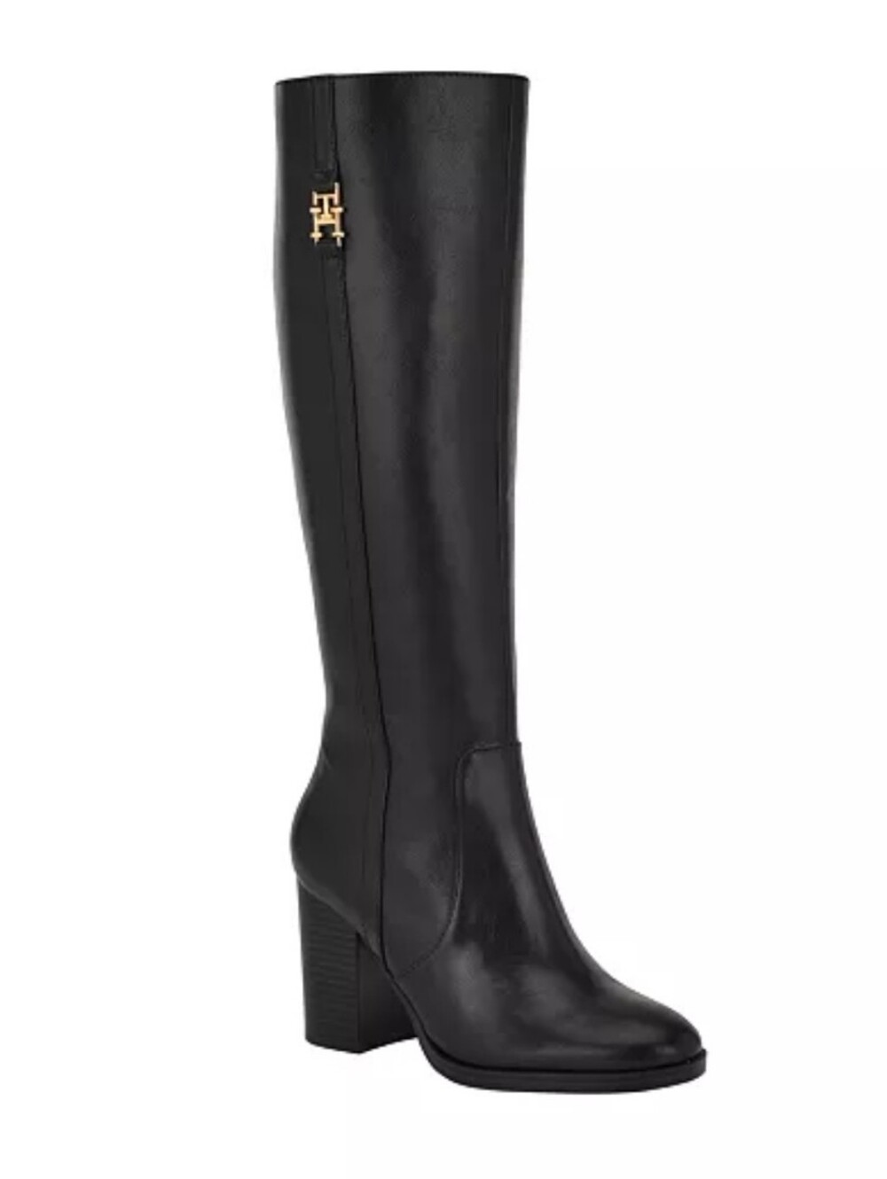 Tory Burch Black Leather Knee-High Block Heel Boots with Gold Logo. Size 8.5